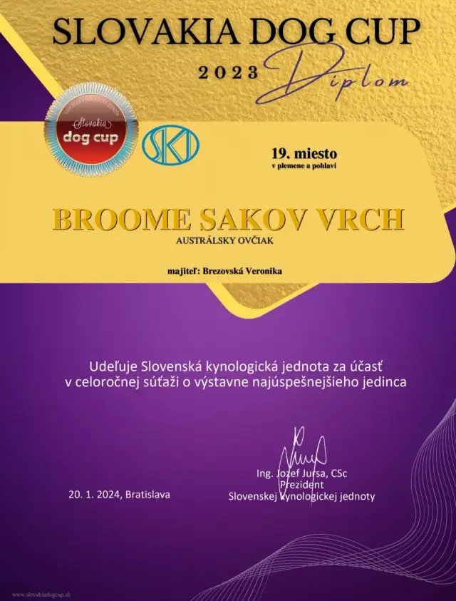 Diplom Slovakia Dog Cup 2023, 19. miesto v plemene a pohlaví: Broome Sakov Vrch (austrálsky ovčiak)