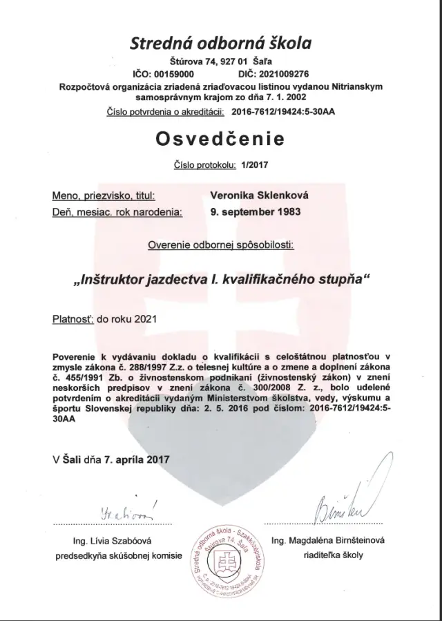 Osvedčenie trénera jazdy na koni
